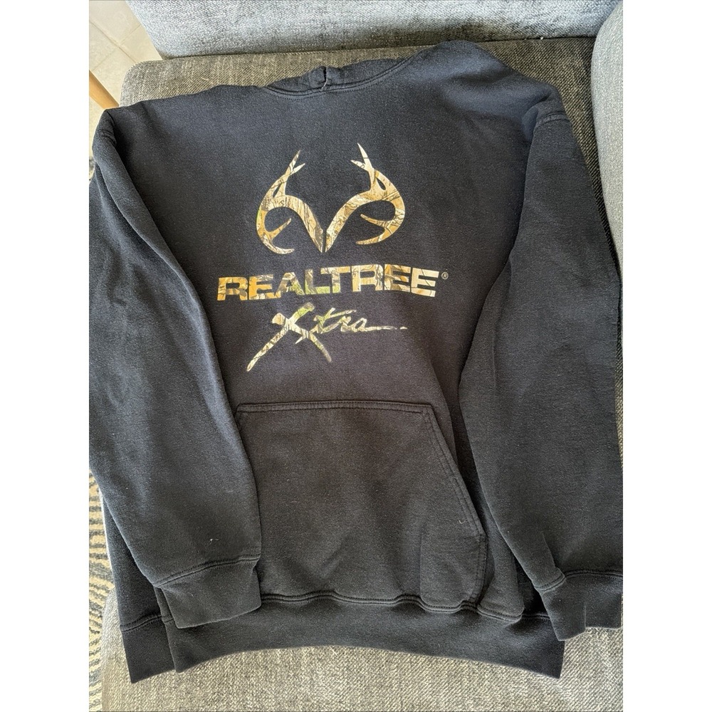 Realtree Xtra Fleece Hoodie Men's Size Large L Kangaroo Pouch Pocket Faded Black - Picture 2 of 5